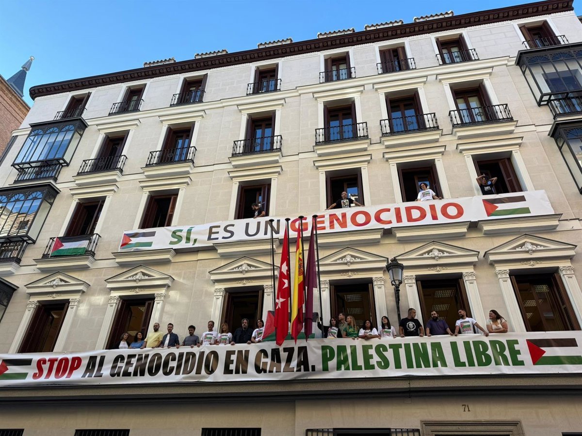 Más Madrid exhibe una bandera de Palestina y pancartas en el Edificio de Grupos: "Sí, es genocidio