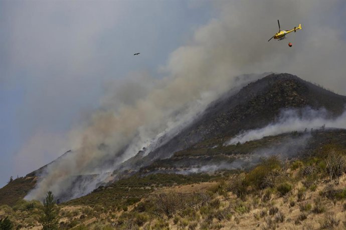 Efectivos trabajan en el incendio Fasgar, visto desde Tremor de Arriba, a 28 de agosto de 2025, en Tremor de Arriba, Igüeña, León, Castilla y León (España). El incendio del municipio de Fasgar, en León, continúa en el nivel 2 de peligrosidad tras 20 días