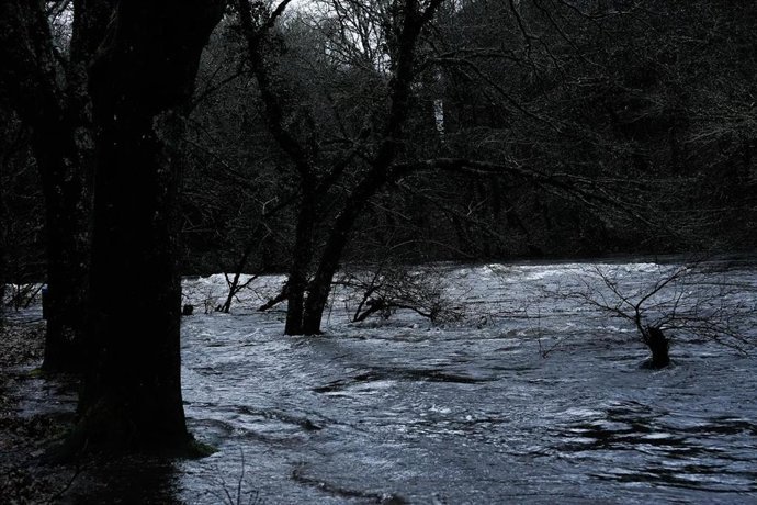 Desbordamiento del r&iacute;o L&eacute;rez a su paso por la zona recreativa de Lodeiro en la parroquia de Campo Lameiro, a 26 de enero de 2026, en Campo Lameiro, Pontevedra, Galicia.