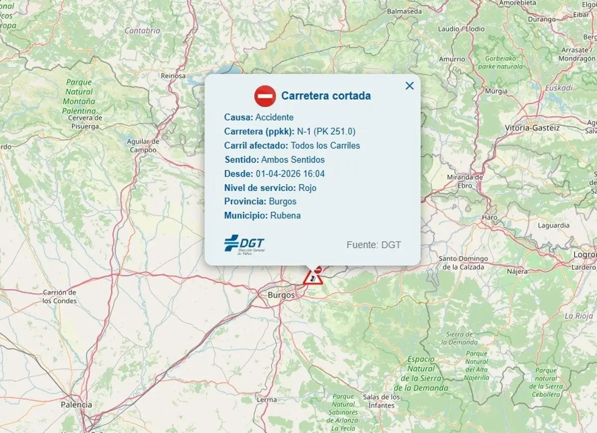 Corte de la N-I en Quintanapalla (Burgos) tras un accidente con varios atrapados entre vehículos